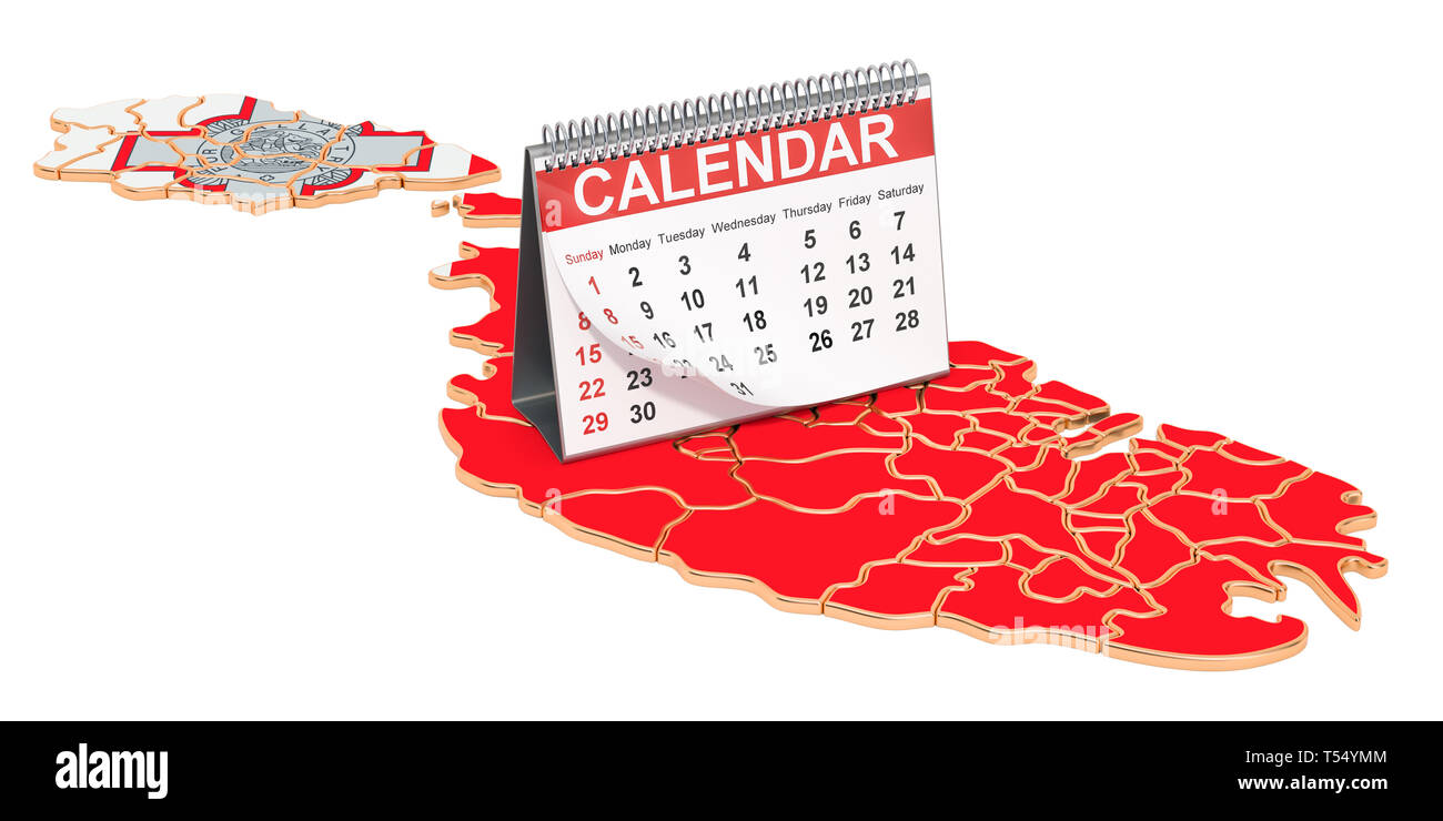 Desk calendar on the map of Malta. 3D rendering isolated on black