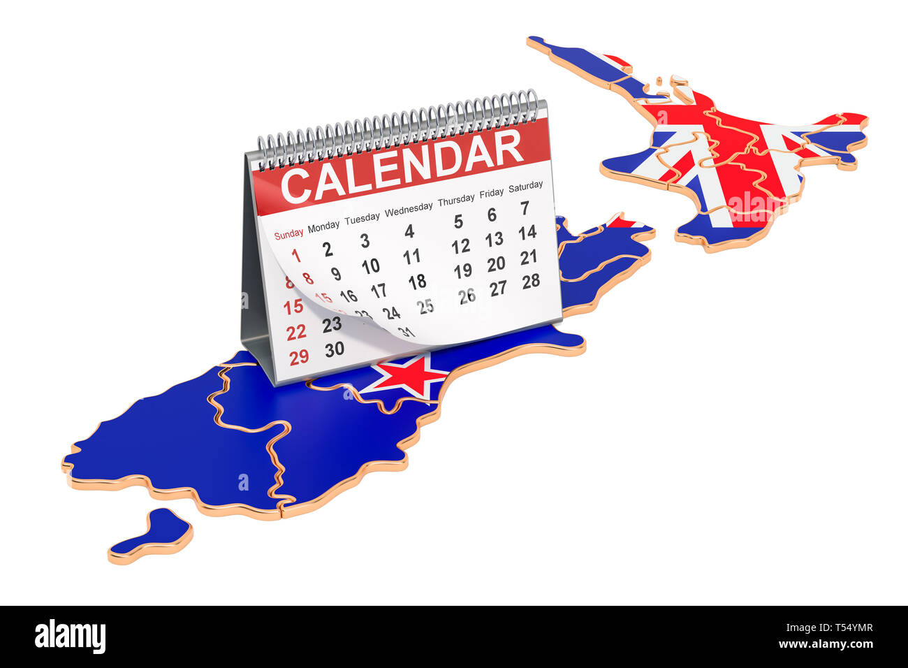 Desk calendar on the map of New Zeland. 3D rendering isolated on black background Stock Photo