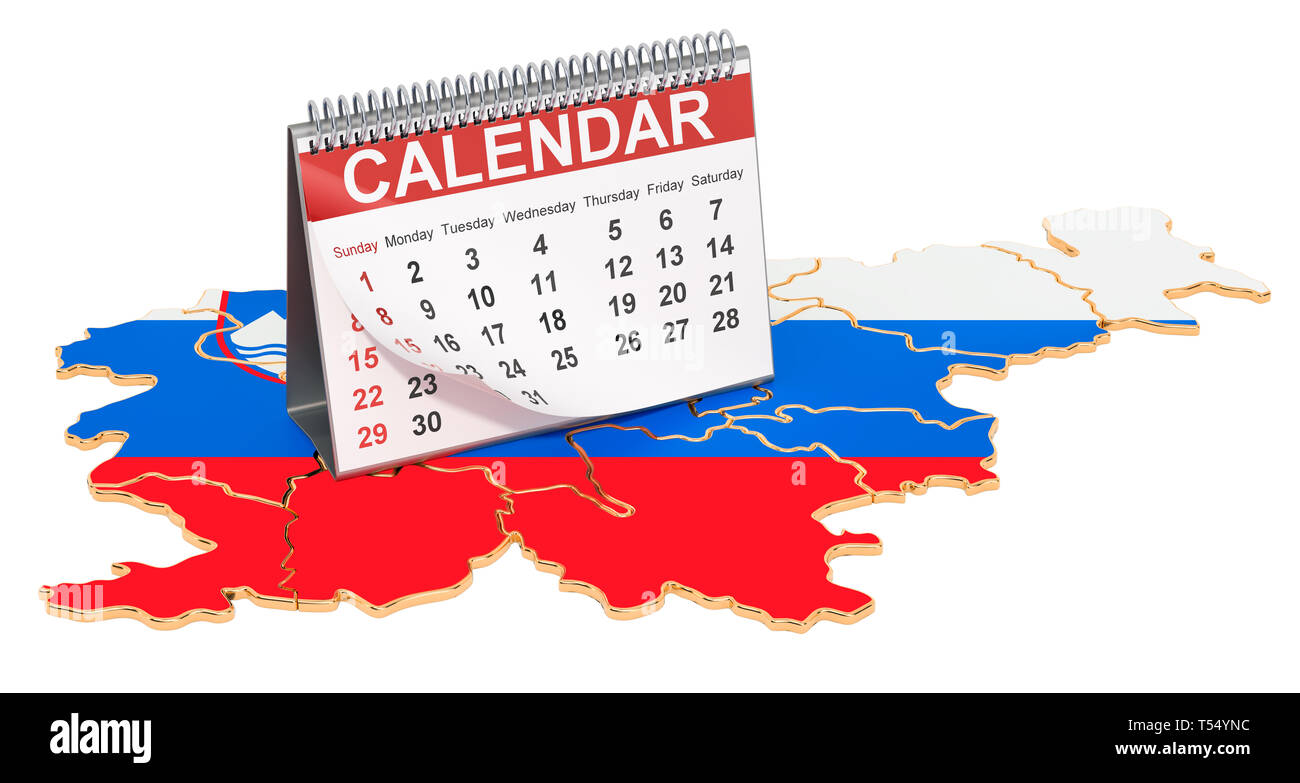 Desk calendar on the map of Slovenia. 3D rendering isolated on black background Stock Photo