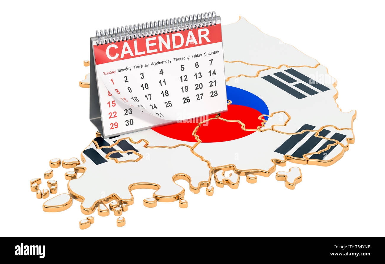 Desk calendar on the map of South Korea. 3D rendering isolated on black background Stock Photo 