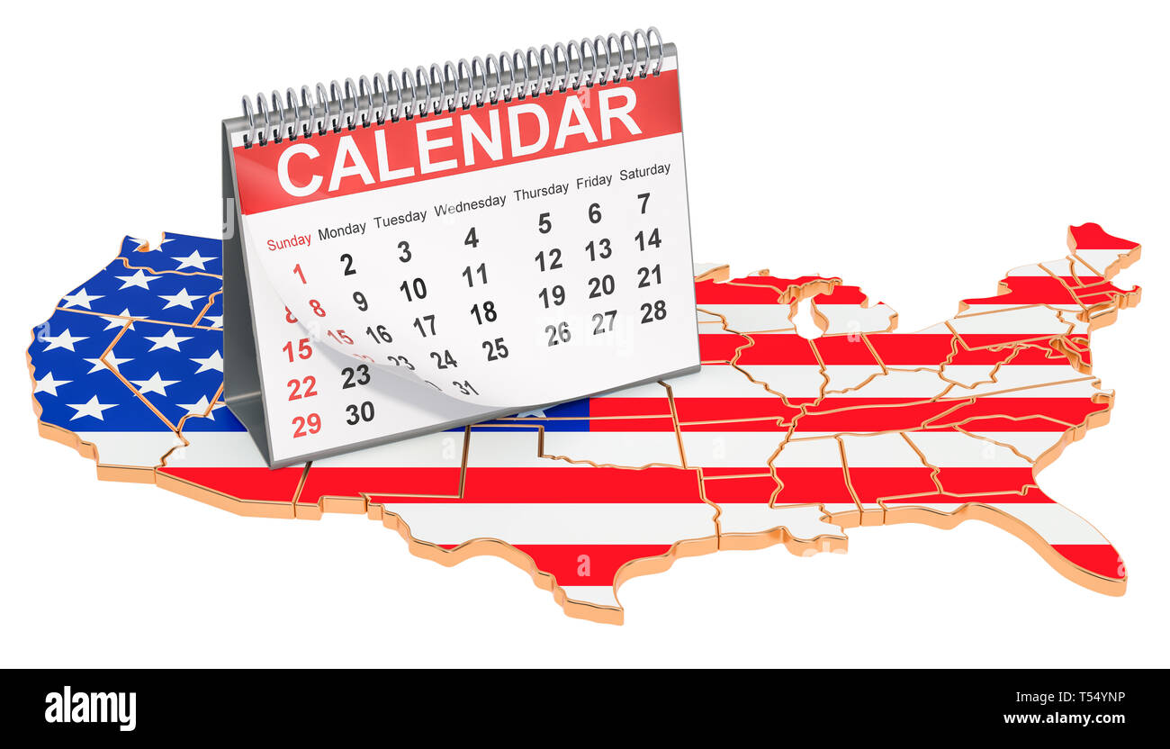 Desk calendar on the map of the USA. 3D rendering isolated on black