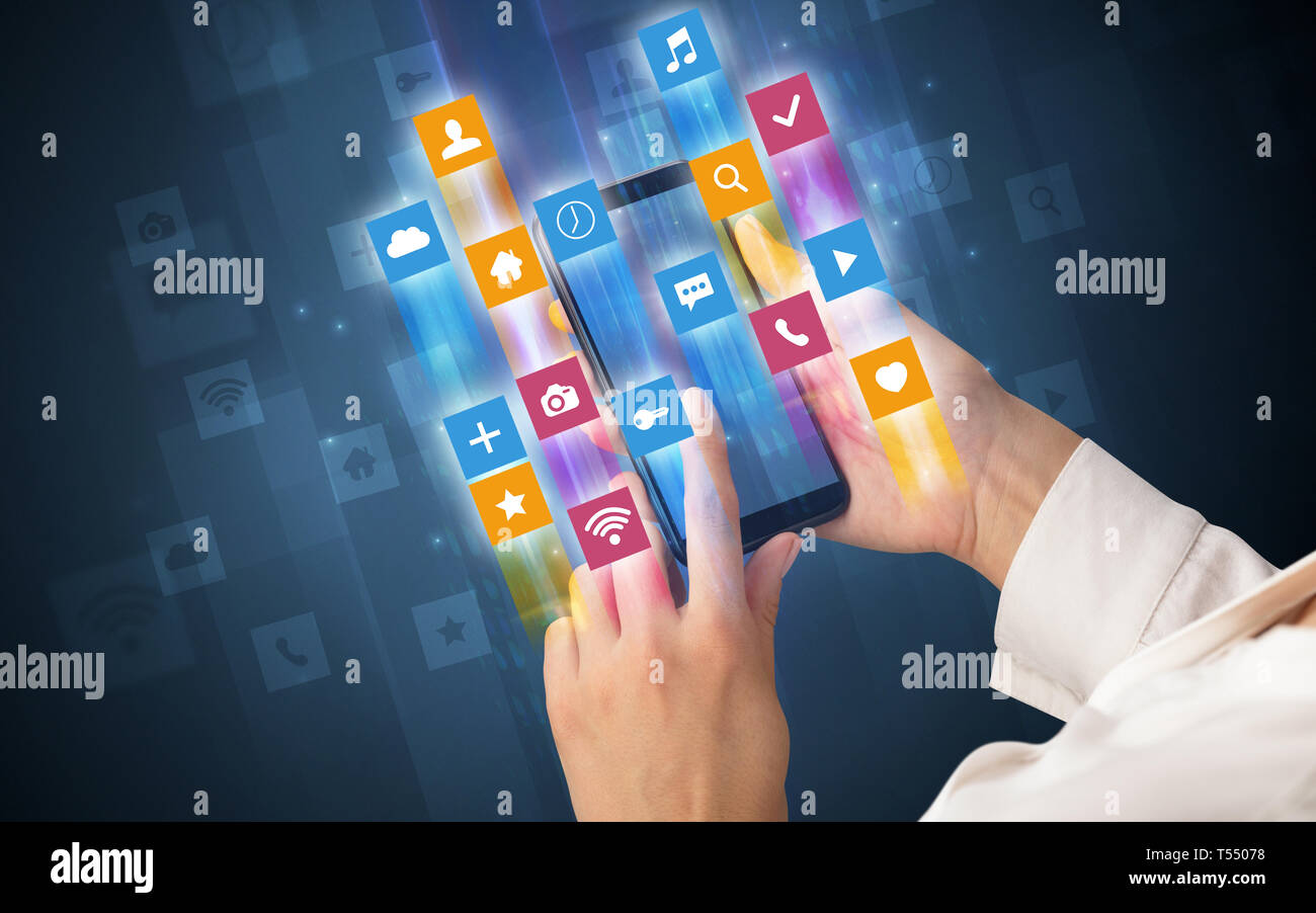 Female hand using smartphone with colorful angular fast switching ...