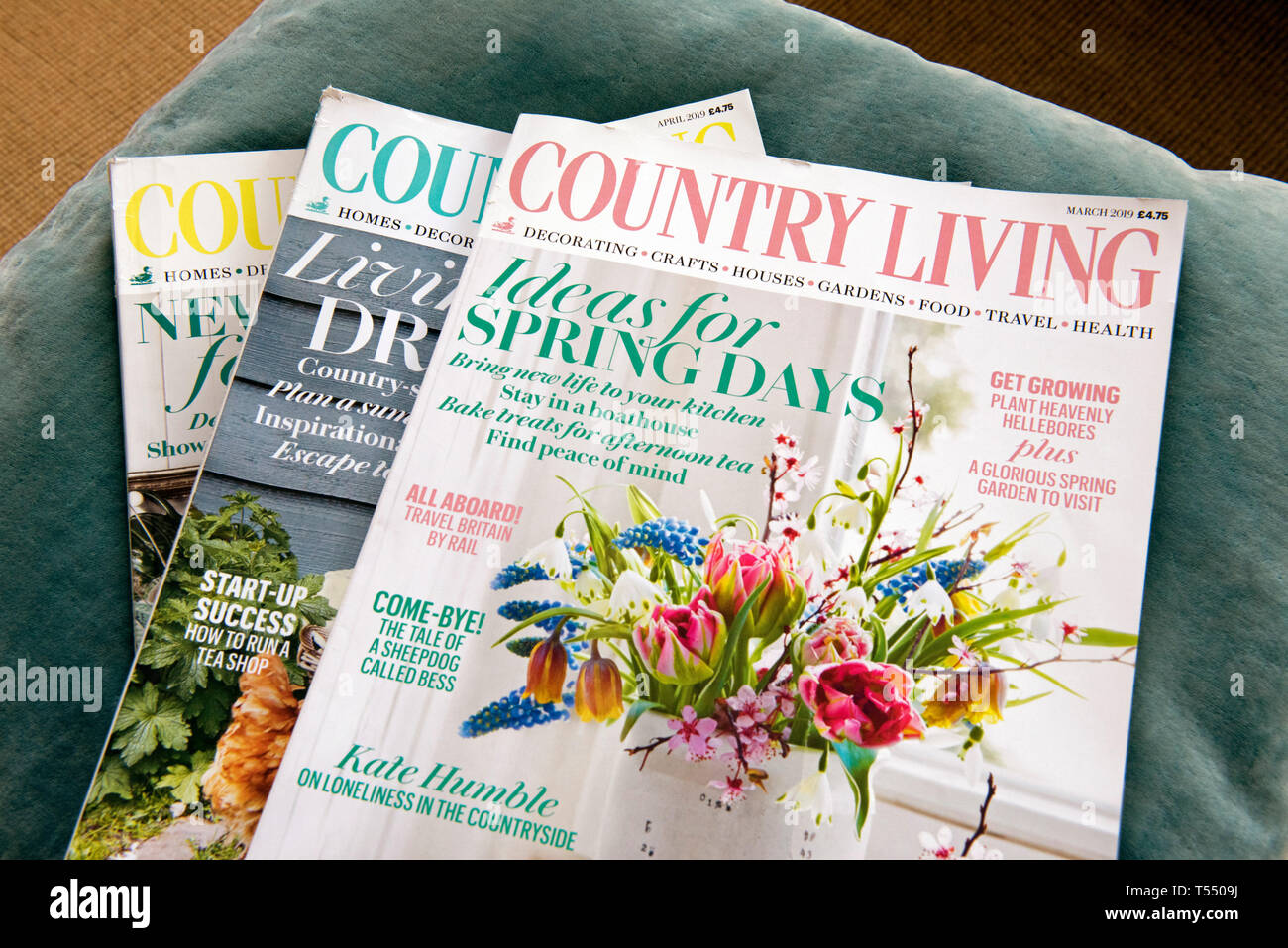 Three Country Living magazines on velvet cushion Stock Photo
