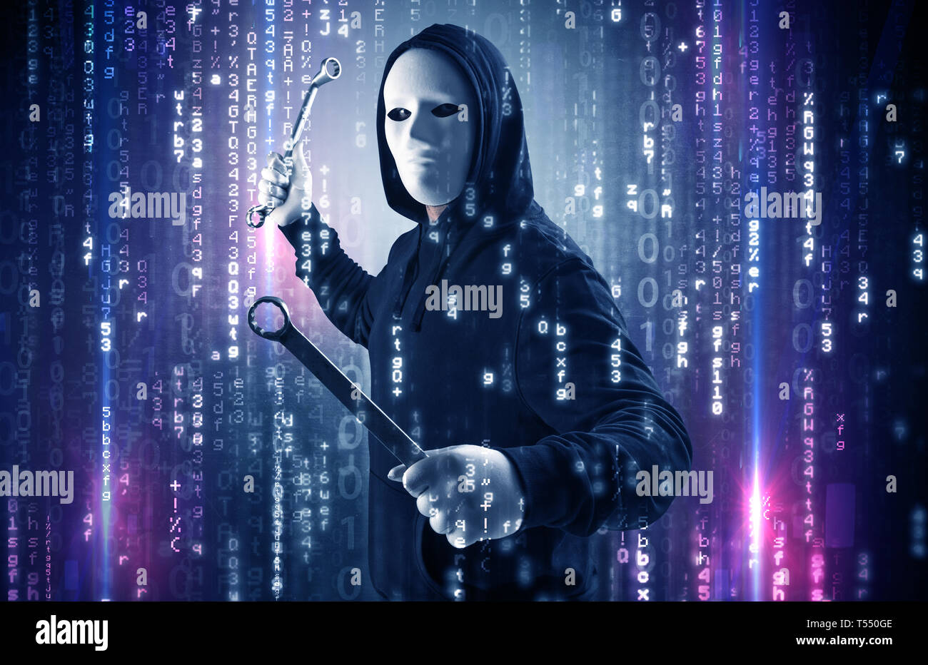 Masked and armed anonymous hacker breaking in cyber security cloud data concept  Stock Photo