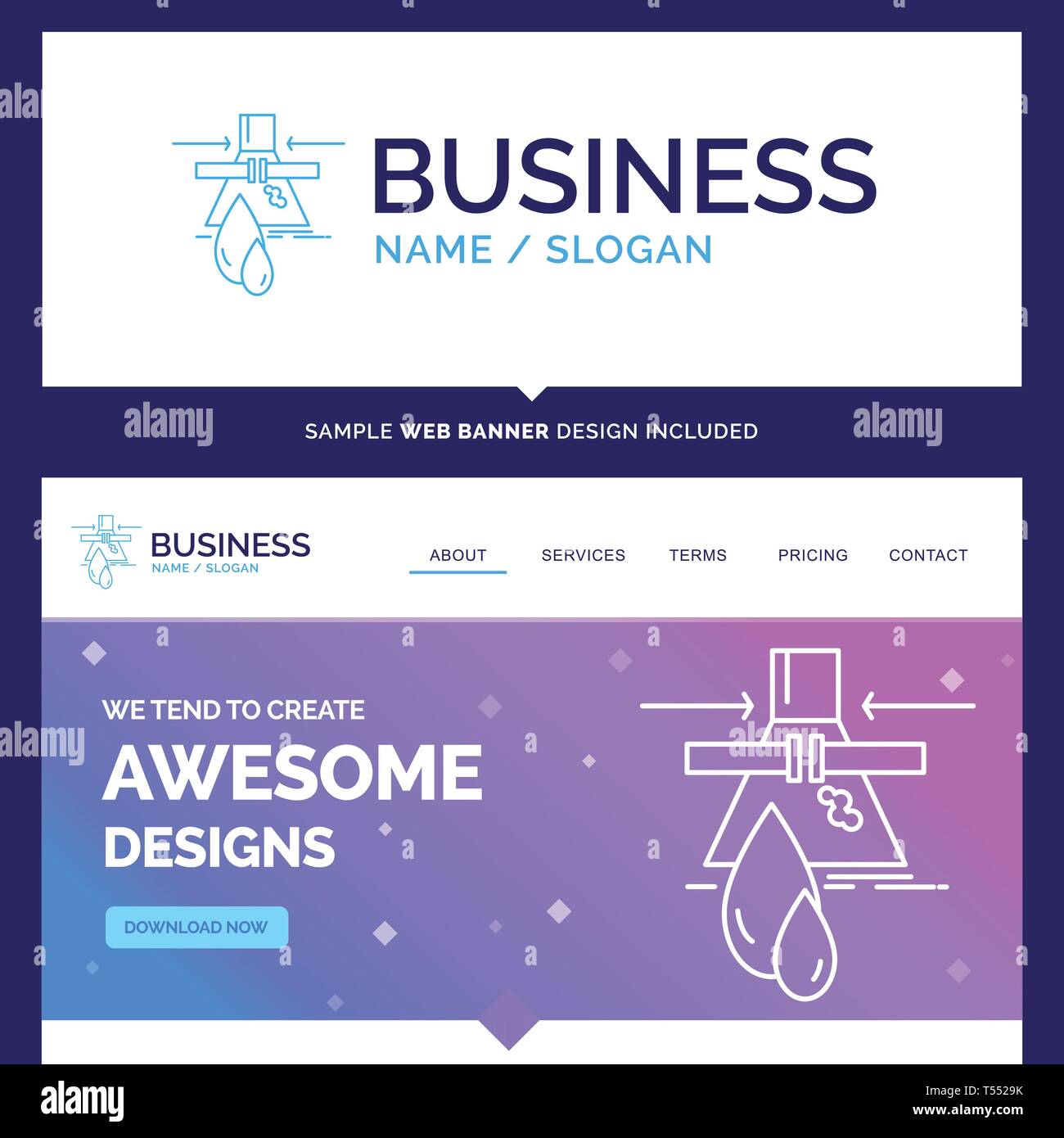 Beautiful Business Concept Brand Name Chemical, Leak, Detection, Factory, pollution Logo Design and Pink and Blue background Website Header Design tem Stock Vector