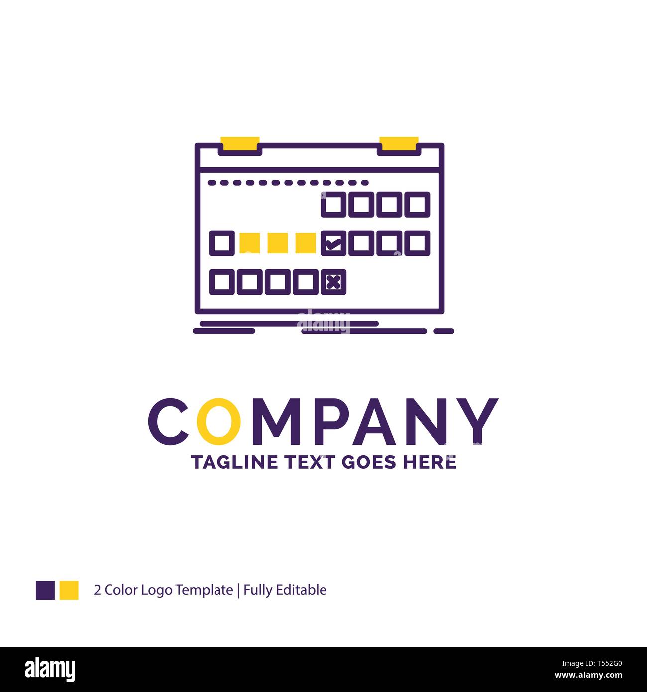 Company Name Logo Design For Calendar, date, event, release, schedule. Purple and yellow Brand Name Design with place for Tagline. Creative Logo templ Stock Vector