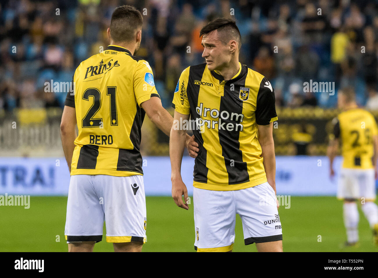 20th of april 2019 Arnhem, The Netherlands Soccer Dutch Eredivisie Vitesse v PEC Zwolle  Eredivisie 2018-2019 L-R Matus Bero of vitesse, Vyacheslav Karavaev of vitesse Stock Photo