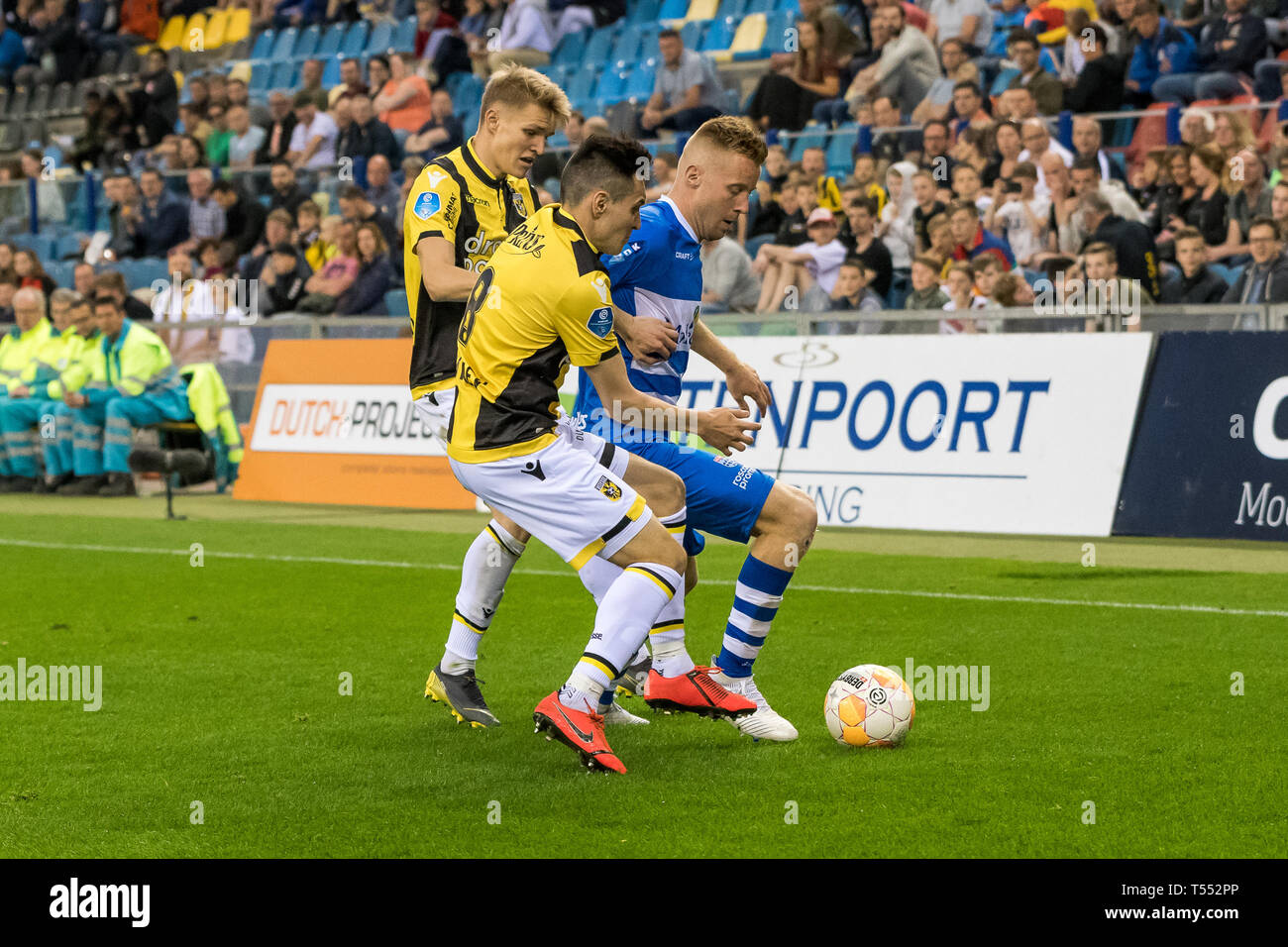 20th of april 2019 Arnhem, The Netherlands Soccer Dutch Eredivisie Vitesse v PEC Zwolle  Eredivisie 2018-2019 L-R Martin Odegaard of vitesse, Vyacheslav Karavaev of vitesse, Mike van Duinen of pec zwolle Stock Photo