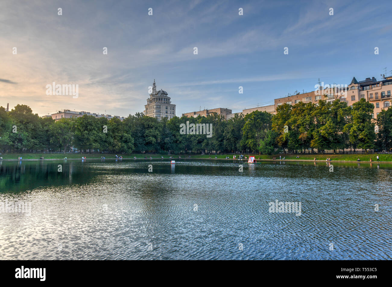 Patriarshiye Ponds, an affluent residential area in downtown Presnensky District of Moscow, Russia. Stock Photo