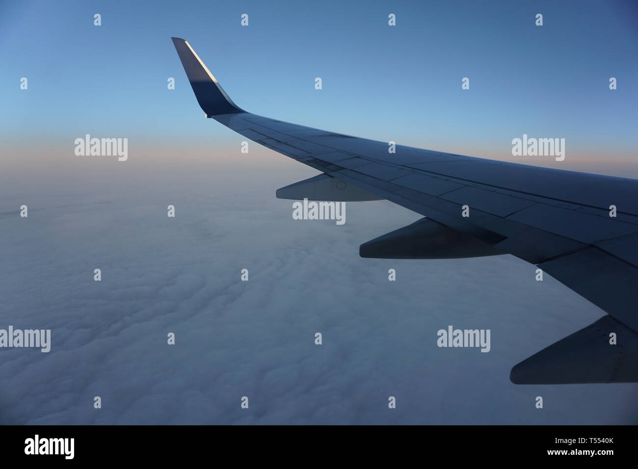 Airplane wing from airplane window at sunrise above the clouds. Stock Photo