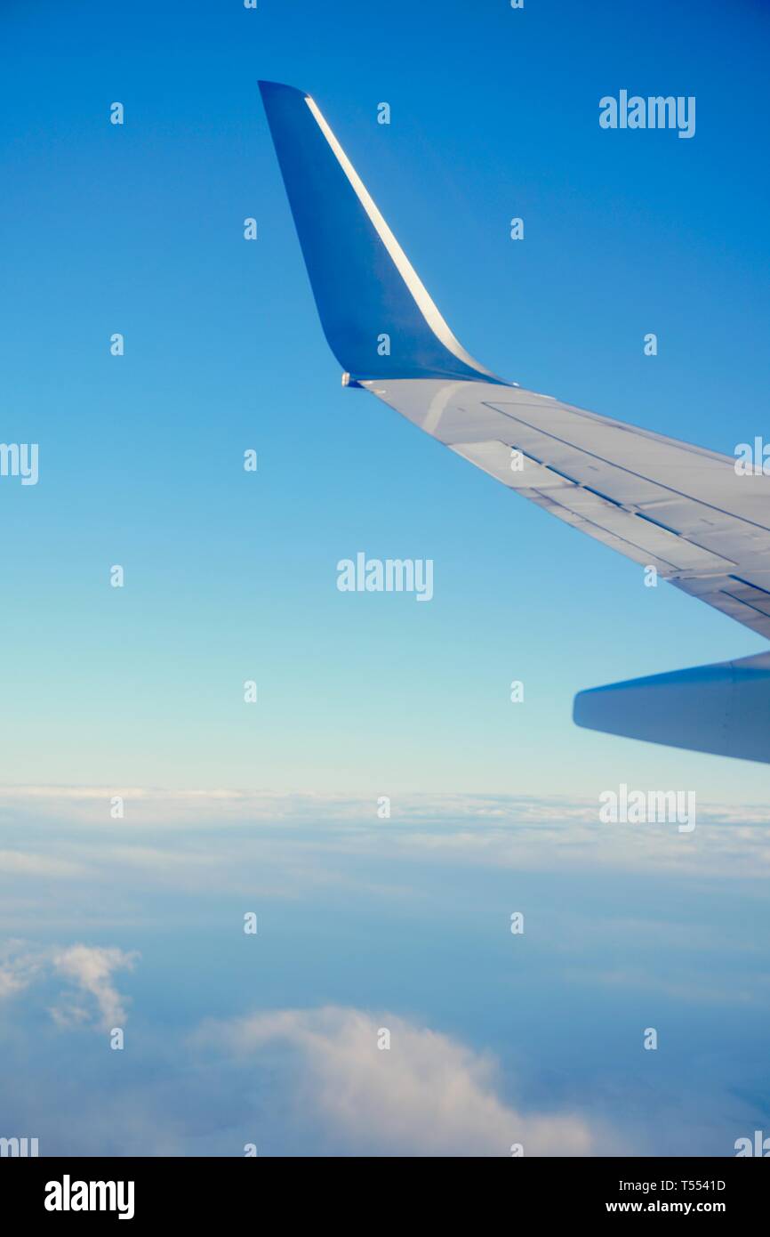 Airplane wing from airplane window above the clouds in the sky. Stock Photo