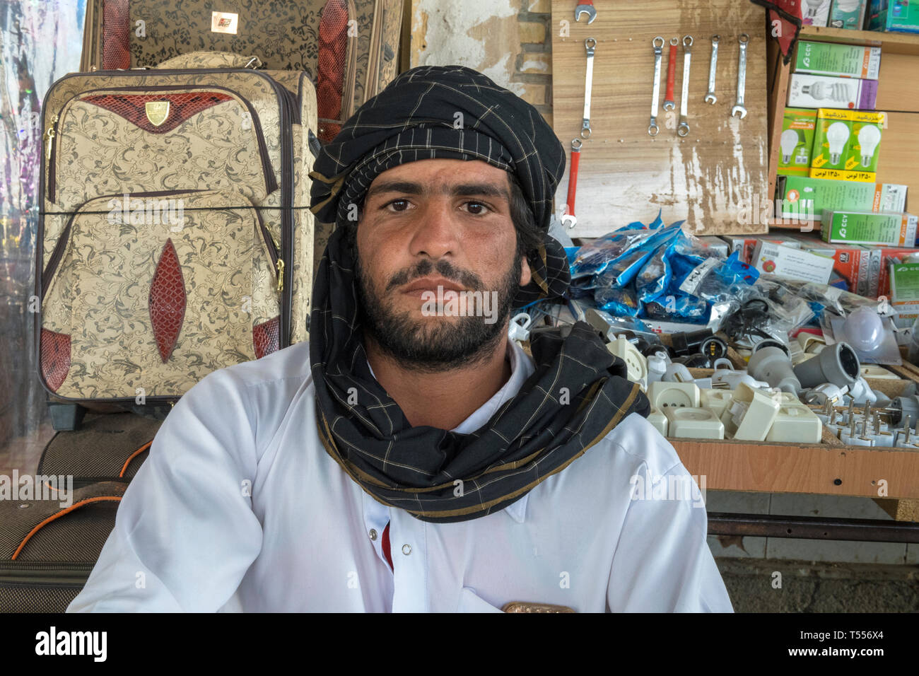Man With Turban At The Bazaar, Dust Mohammad near Zabol at the Afghan Border, Sistan and Baluchistan, Iran Stock Photo