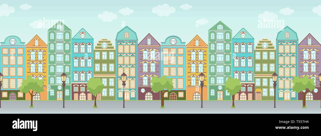 Street with colorful houses, trees and lanterns, seamless border, urban landscape, old city background. Multicolored European houses in row with blue  Stock Vector