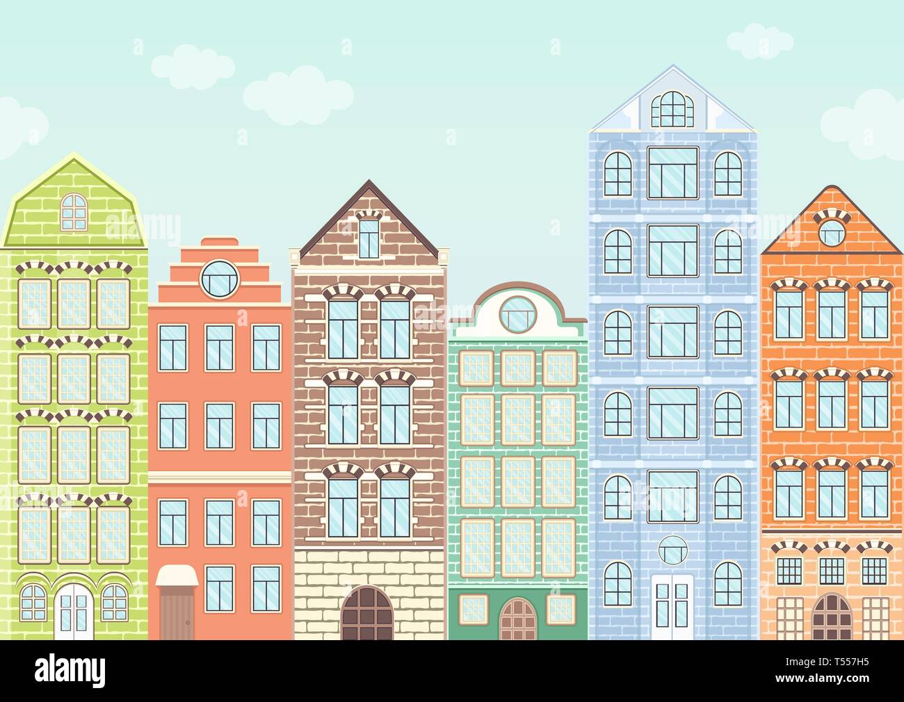 Seamless border with colorful houses, urban landscape, city background. Cute multicolored bright European brick houses stand in row with blue sky and  Stock Vector