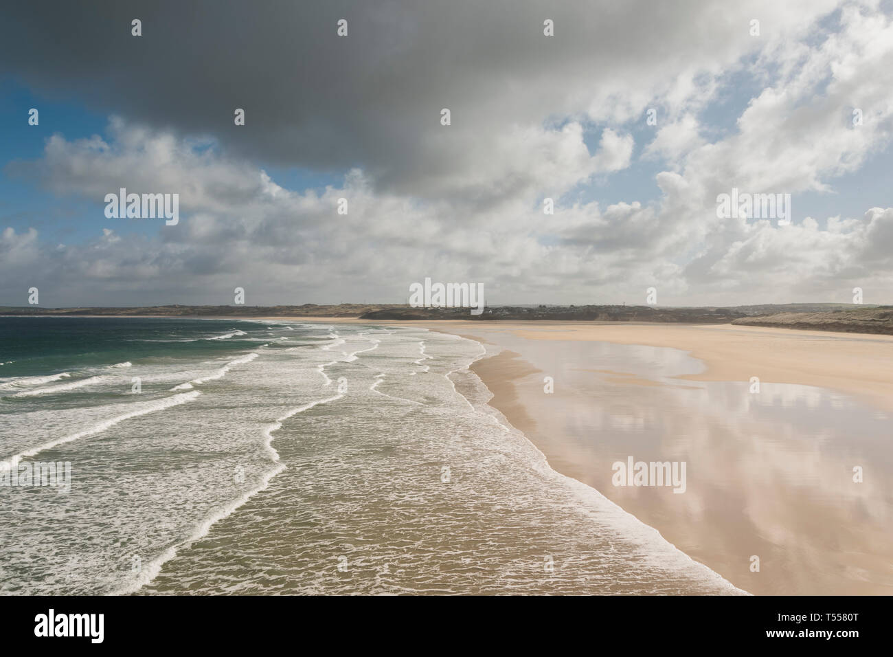 View from the coast path of Porth Kidney Sands and the Hayle Estuary, North Cornwall, UK Stock Photo
