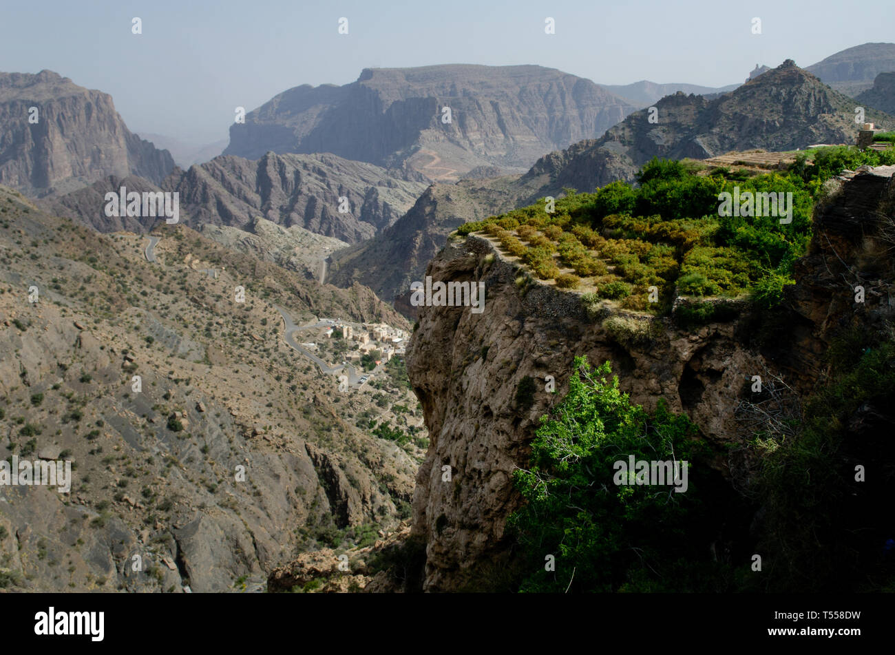 The green mountains called Jebel Akhdar of the Hajar mountain range, the harsh interior of Oman, home of traditional rose harvesting and fruit farming Stock Photo