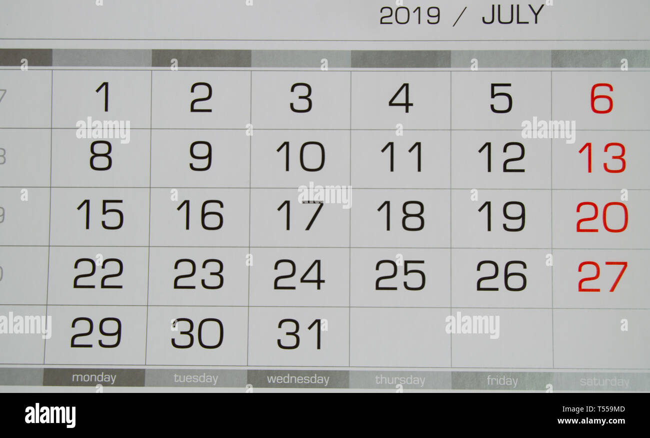 Calendar July 2019 with working days and weekends, close-up top view ...
