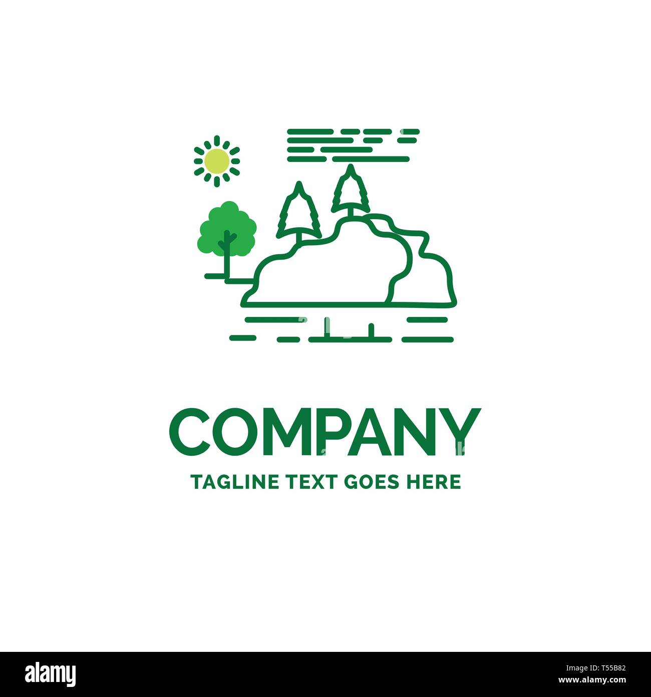 hill, landscape, nature, mountain, rain Flat Business Logo template. Creative Green Brand Name Design. Stock Vector