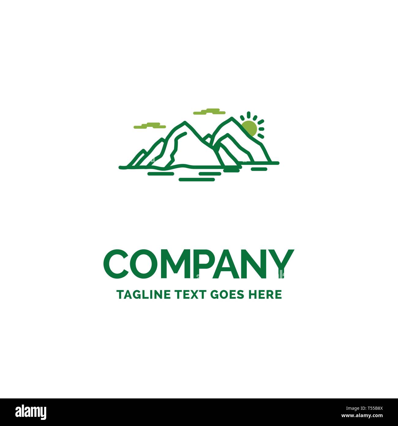 Mountain, hill, landscape, nature, evening Flat Business Logo template. Creative Green Brand Name Design. Stock Vector