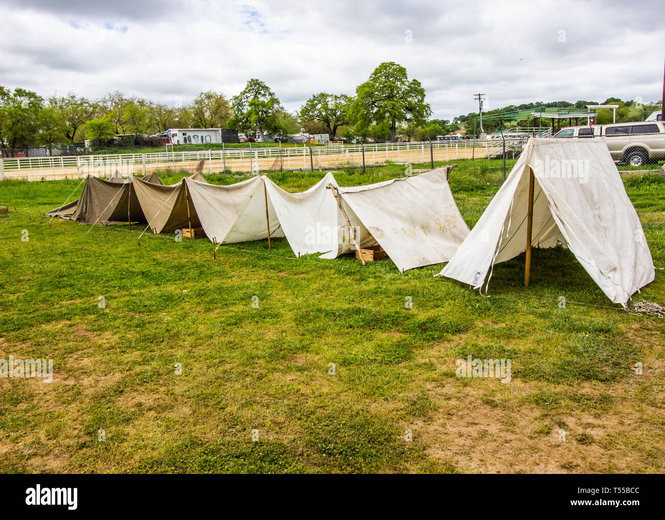 Row Of Pup Tents In Open Field Stock Photo