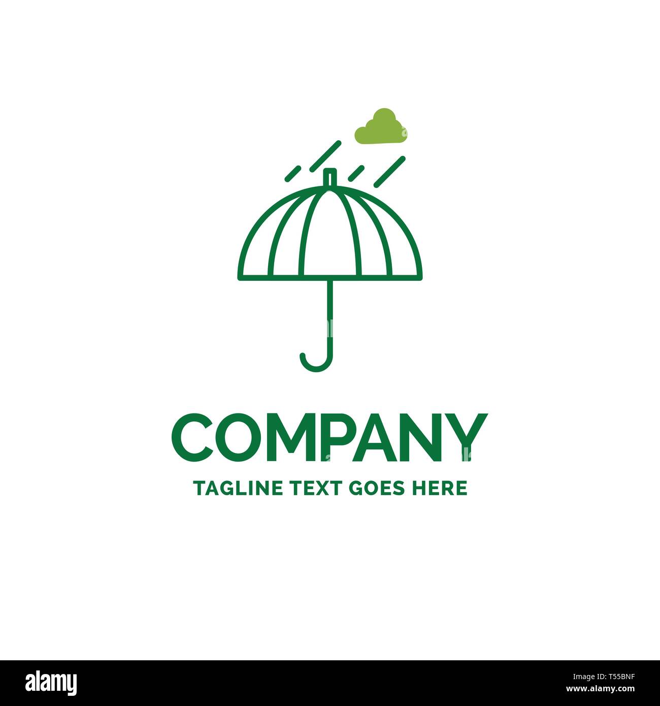 Umbrella, camping, rain, safety, weather Flat Business Logo template. Creative Green Brand Name Design. Stock Vector