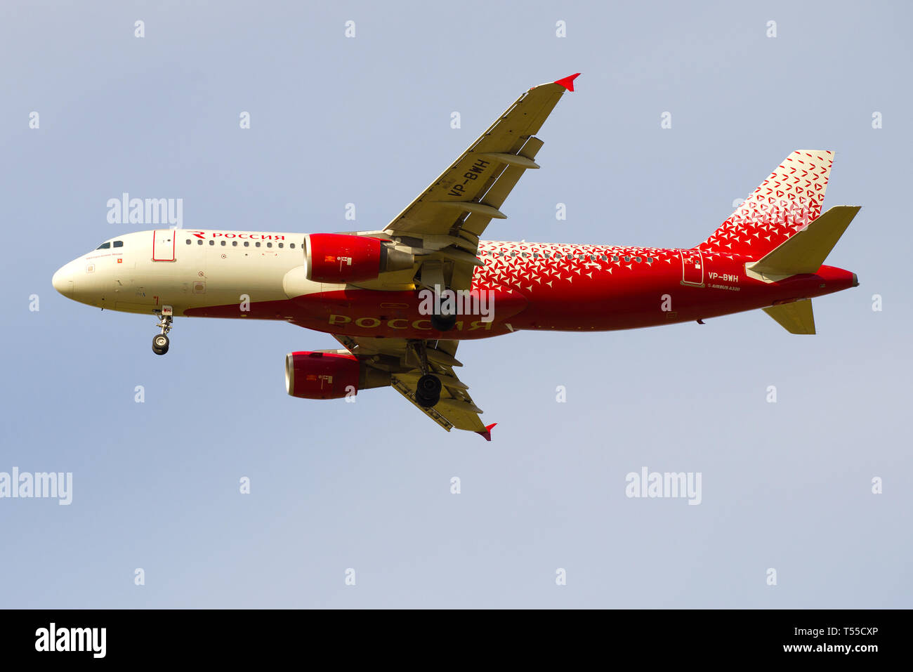 SAINT-PETERSBURG, RUSSIA - MAY 08, 2018: Airbus A320-214 Mineralnye Vody (VP-BWH) aircraft of the Rossiya airline close-up before landing at Pulkovo a Stock Photo