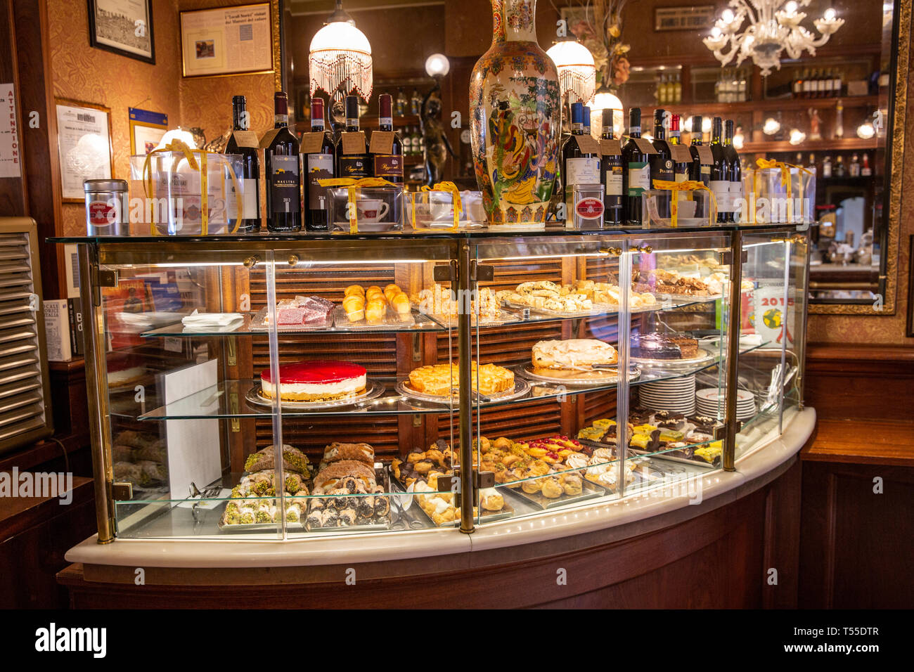 Traditional italian food counter in a restaurant cafe in Montepulciano displaying cakes and pastries and desserts,Tuscany,Italy Stock Photo