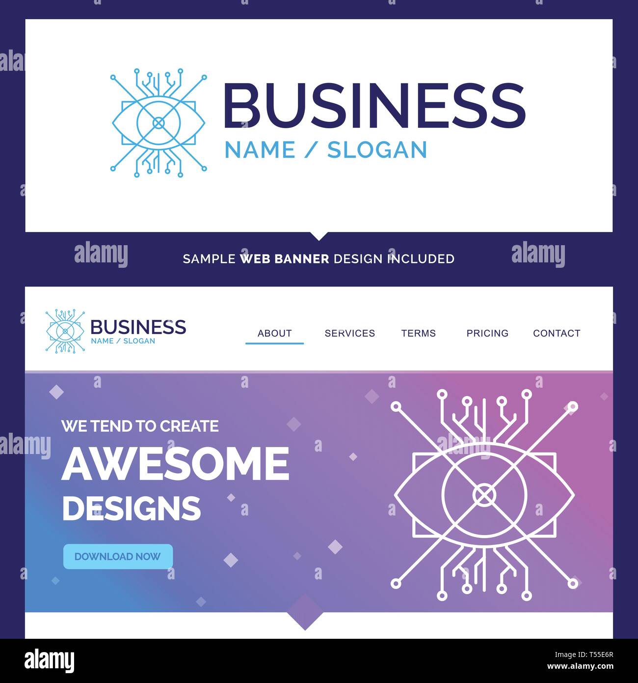 Beautiful Business Concept Brand Name Ar, augmentation, cyber, eye, lens Logo Design and Pink and Blue background Website Header Design template. Plac Stock Vector