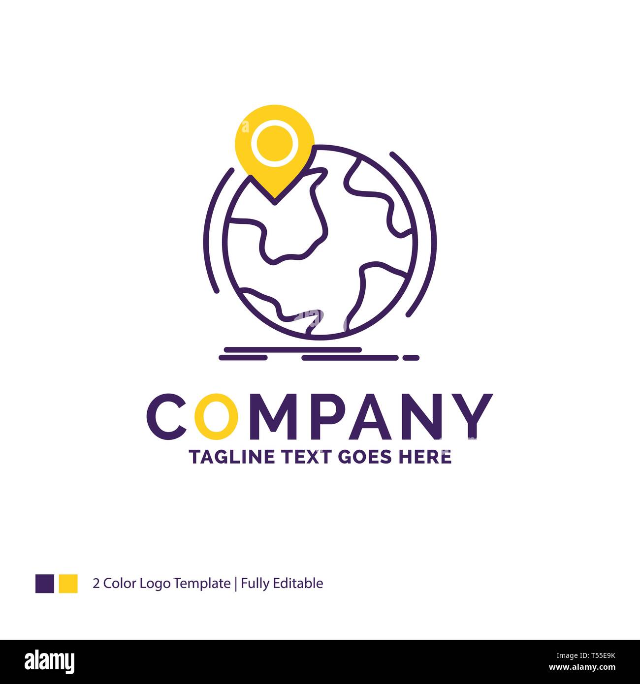 Company Name Logo Design For location, globe, worldwide, pin, marker.  Purple and yellow Brand Name Design with place for Tagline. Creative Logo  templa Stock Vector Image & Art - Alamy