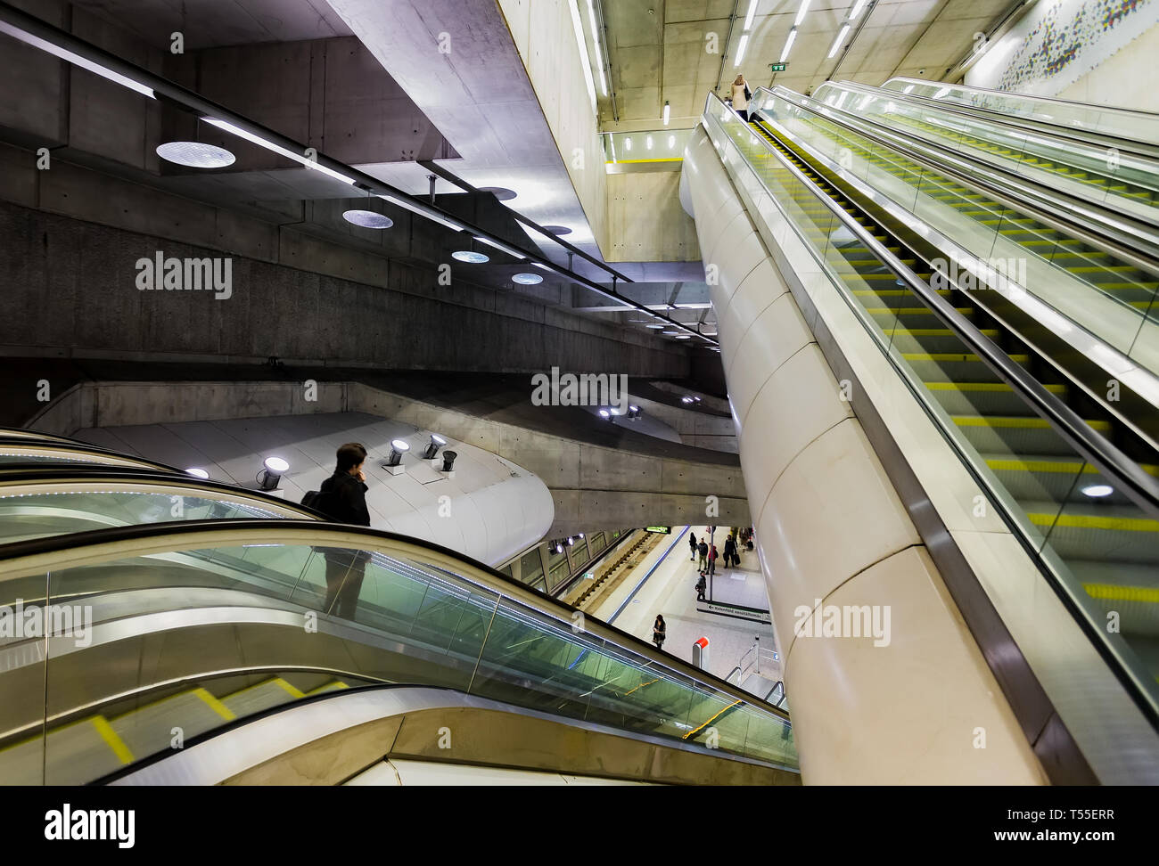 View of Escalator of the New Metro Line 4 in Budapest,Hungary.The modern design and impressive decoration feature is characterized by all the stations Stock Photo