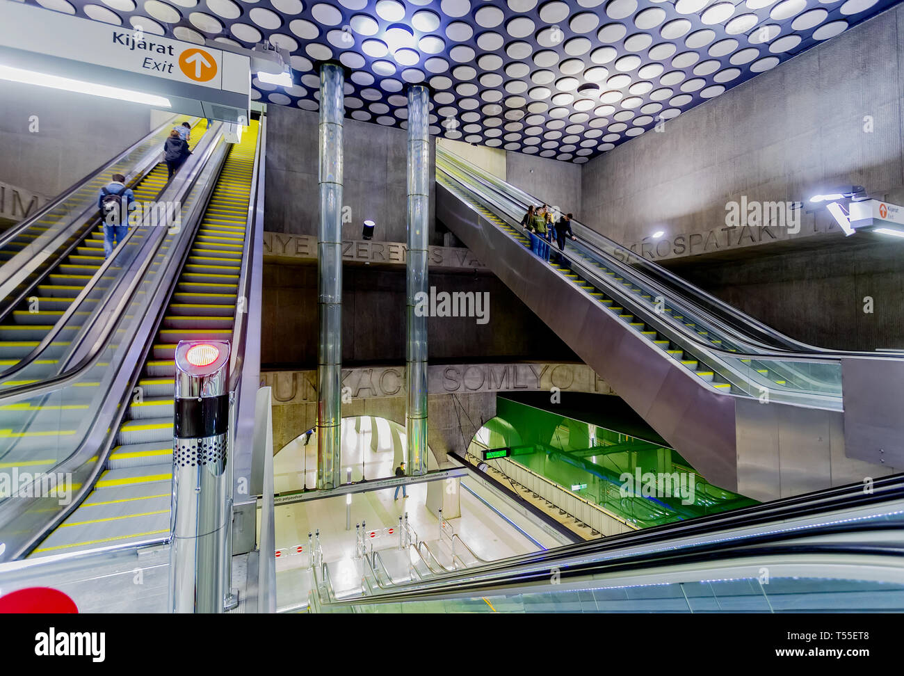 View of Escalator of the New Metro Line 4 in Budapest,Hungary.The modern design and impressive decoration feature is characterized by all the stations Stock Photo