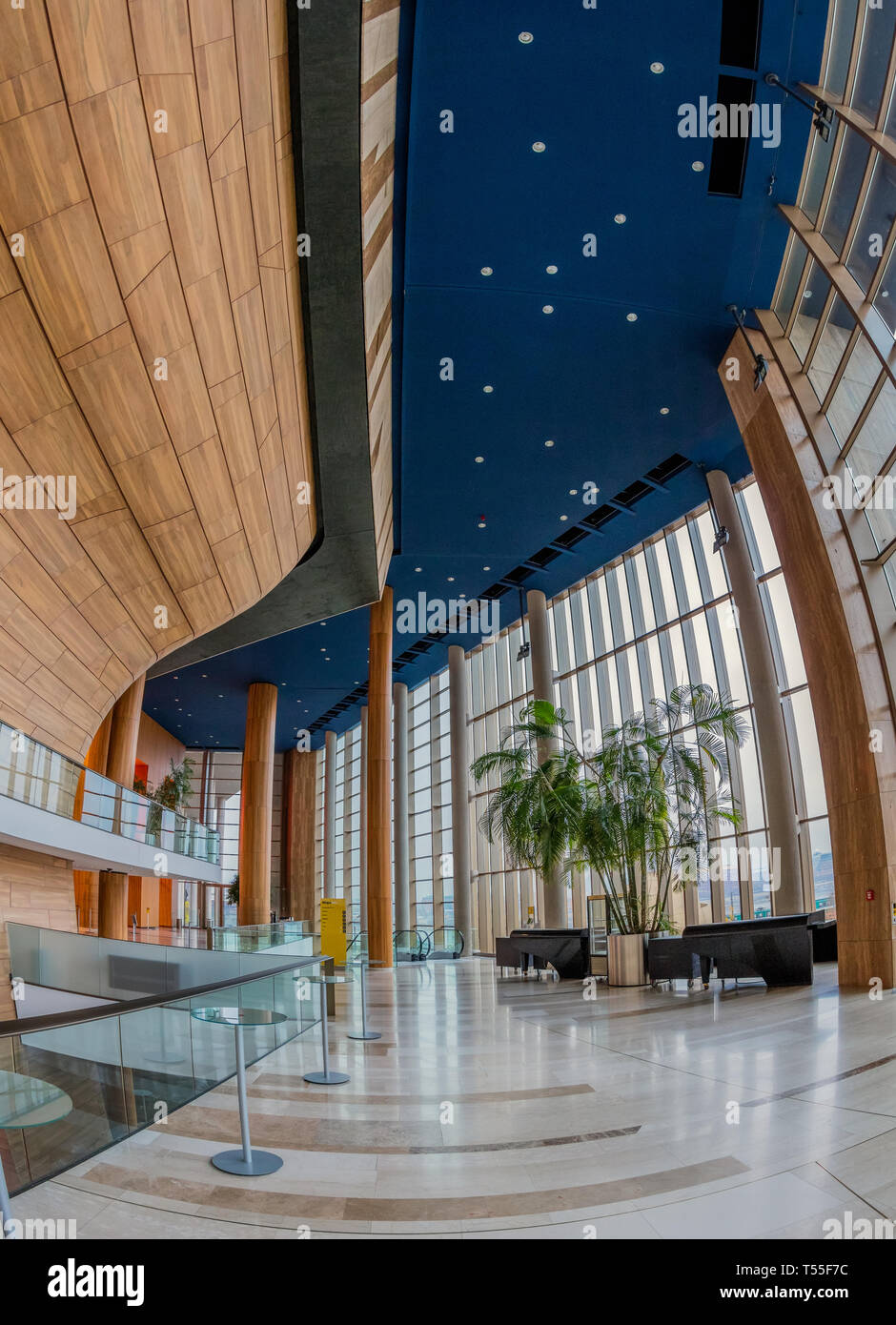 Interior of the contemporary building of Palace of Arts (MUPA). As a conglomeration of cultural venues,has no peers in the whole of Central Europe. Stock Photo
