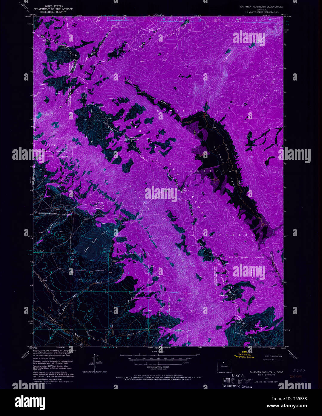 USGS TOPO Map Colorado CO Shipman Mountain 234411 1955 24000 Inverted Restoration Stock Photo