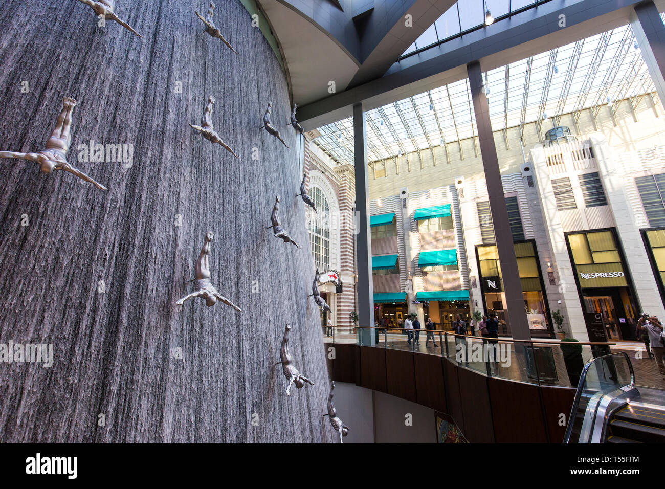 Uae Dubai Dubai Mall Detail Of Human Waterfall Sculpture Stock