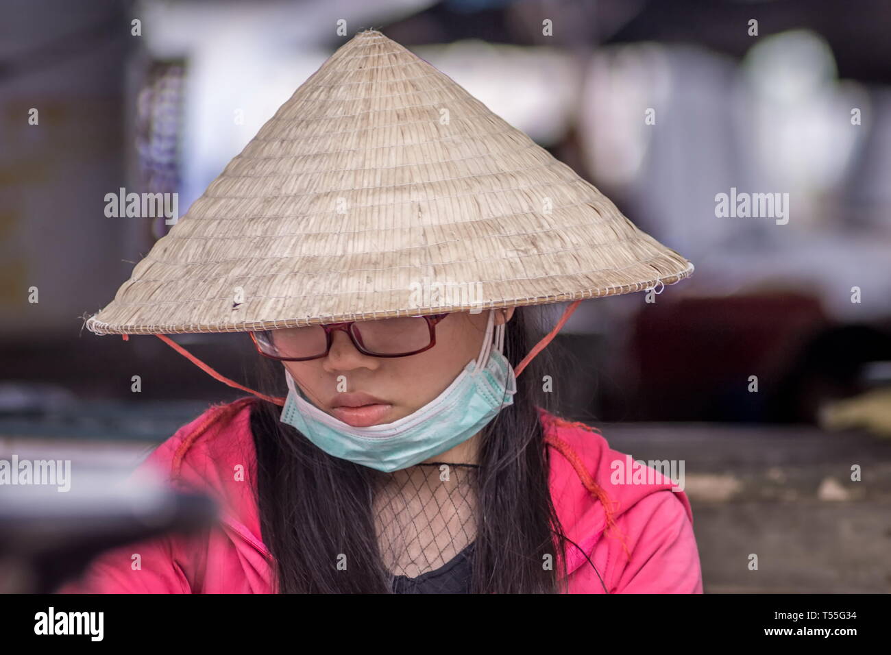 Portrait o a young Vietnamese woman wearing traditional conical hat Stock Photo