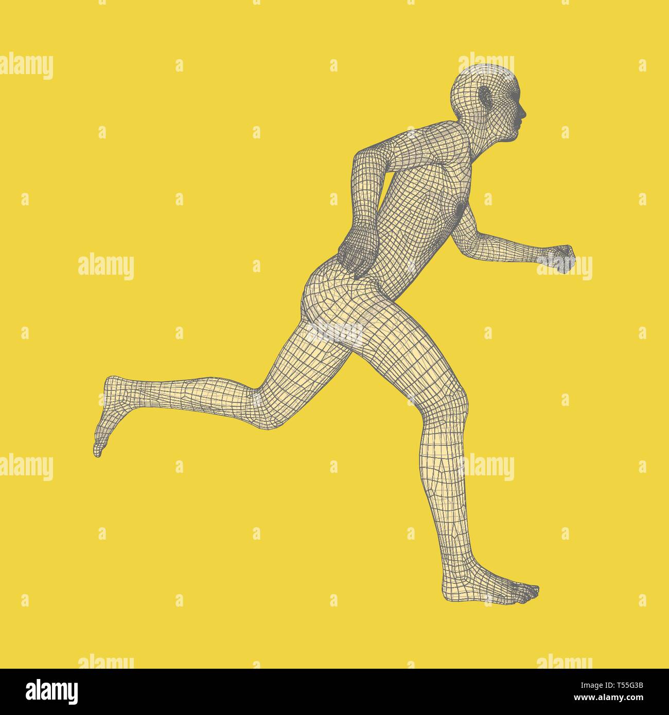 3d Running Man. Human Body Wire Model. Sport Symbol. Low-poly Man in Motion. Vector Geometric Illustration. Stock Vector