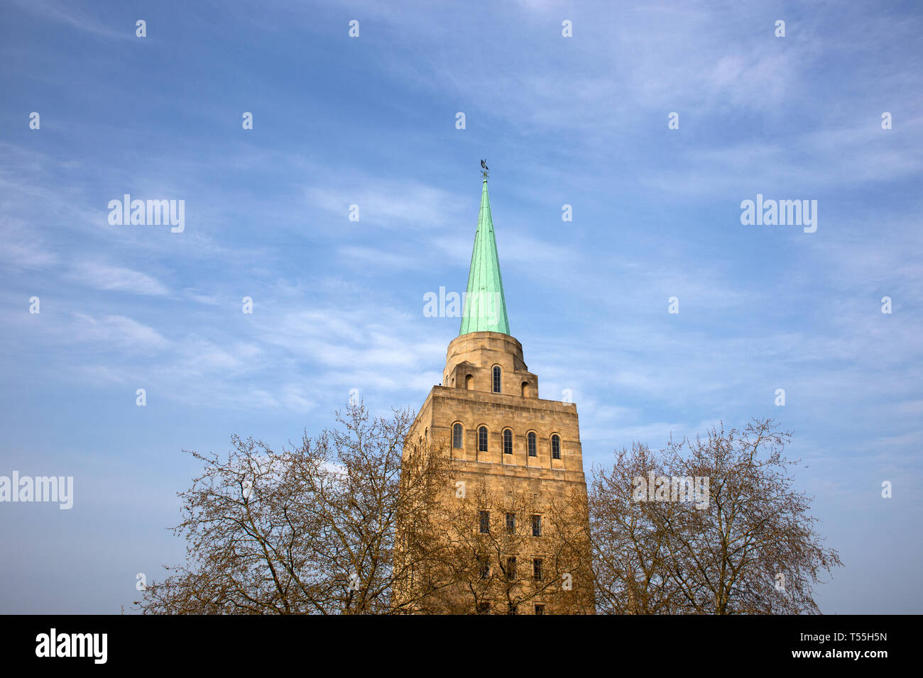 The copper-topped College Tower spire, on top of the Nuffield College building in Oxford, as seen from Castle Mound. Stock Photo