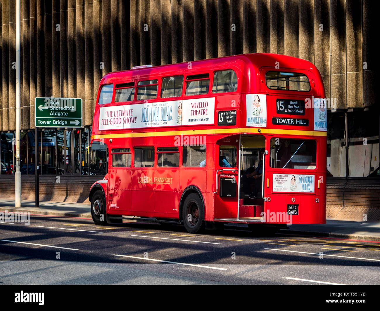 Classic London Routemaster bus still used on a heritage route 15 in central London between Trafalgar Square and Tower Hill Stock Photo