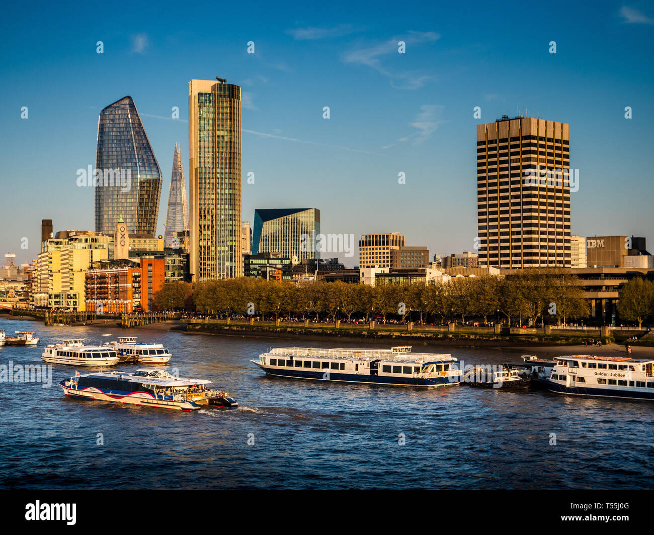 London Southbank Skyline London South Bank including the Oxo Tower, the South Bank Tower, One Blackfriars and the Shard Stock Photo
