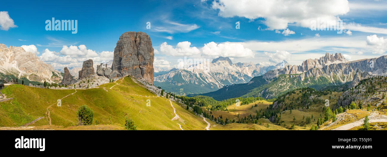 Summer mountain alpine meadow landscape. Cinque Torri, Dolomites Alps, Italy Stock Photo