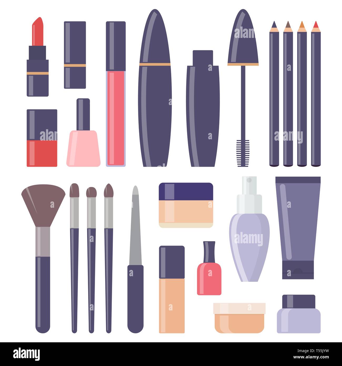 Decorative cosmetics, big set of icons. Eye shadow, mascara, nail polish, powder, foundation, brush, lipstick, cream cosmetic pencils, nail file perfu Stock Vector