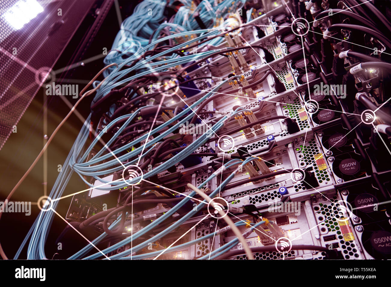 Wi fi network abstract structure on modern server room background Stock ...