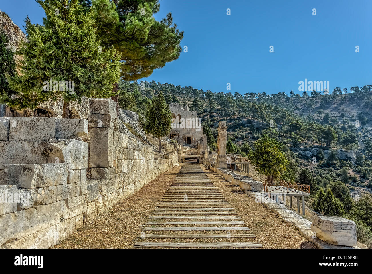 Alahan is a late Roman ecclesiastical complex a monastry built on a series of terraces towards the top of a mountain in southern Anatolia, Turkey Stock Photo