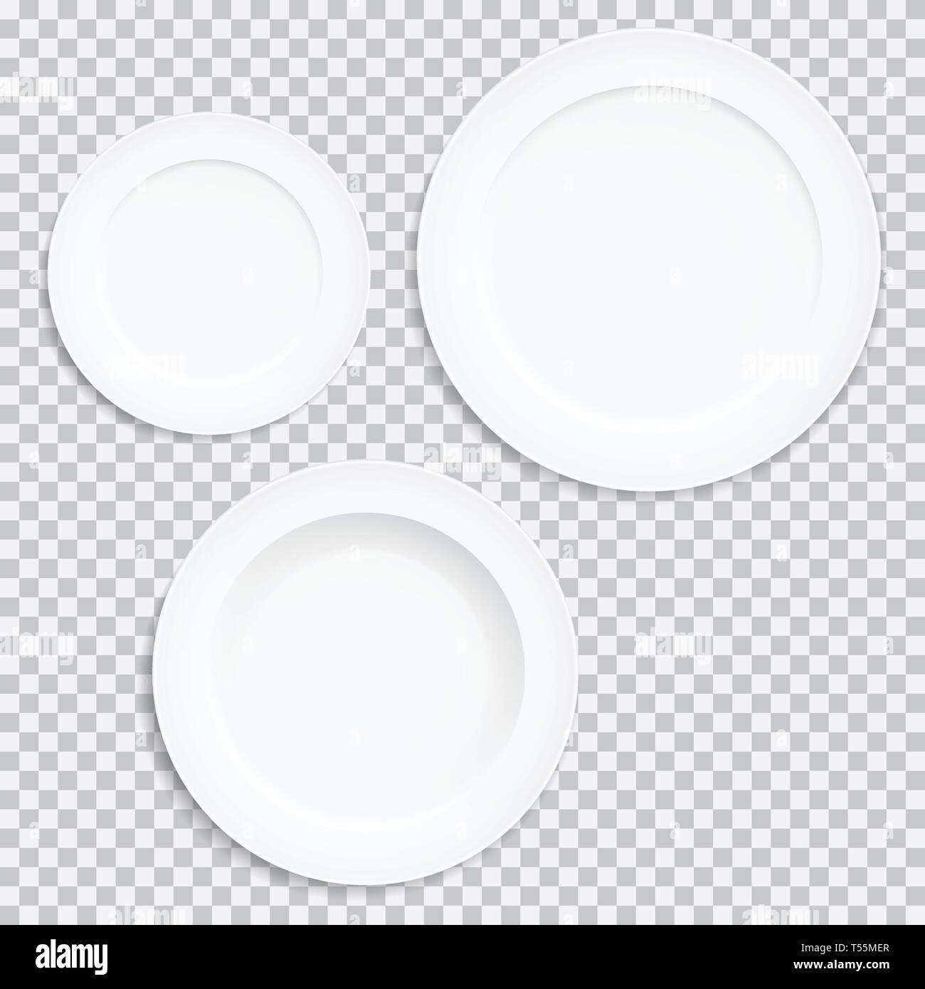 Set of realistic white plates. Kitchen utensils isolated on transparent