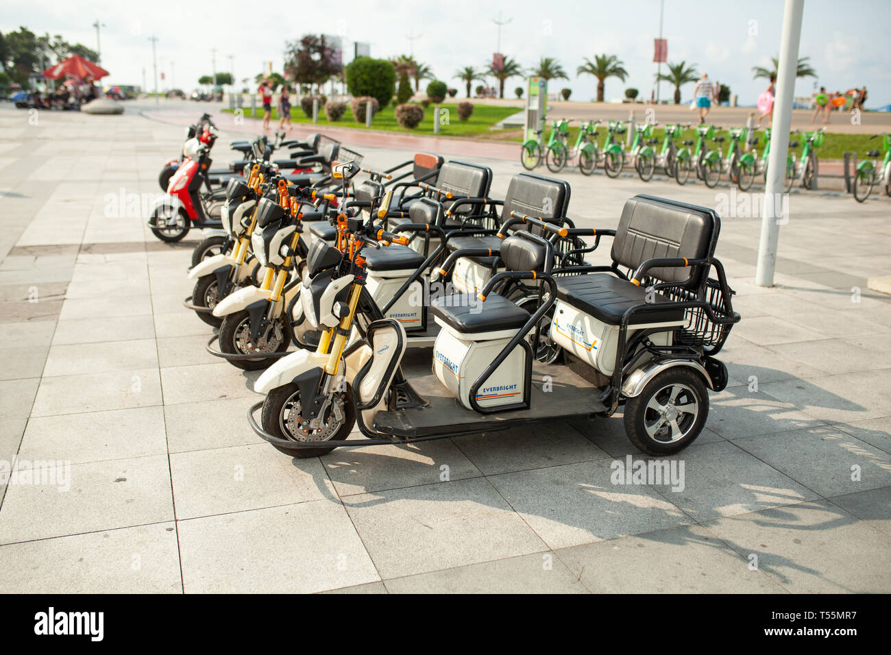 batumi Georgia August 2018 Electric tricycle scooters for rent on