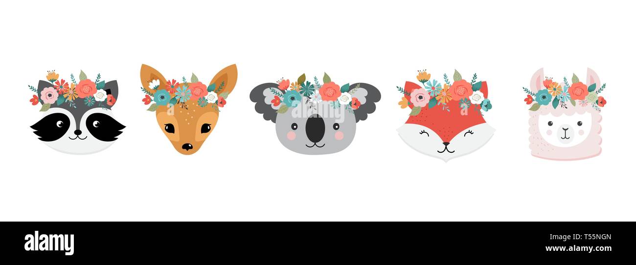 Cute animals heads with flower crown, vector illustrations for nursery design, poster, birthday greeting cards. Panda, llama, fox, koala, cat, dog Stock Vector