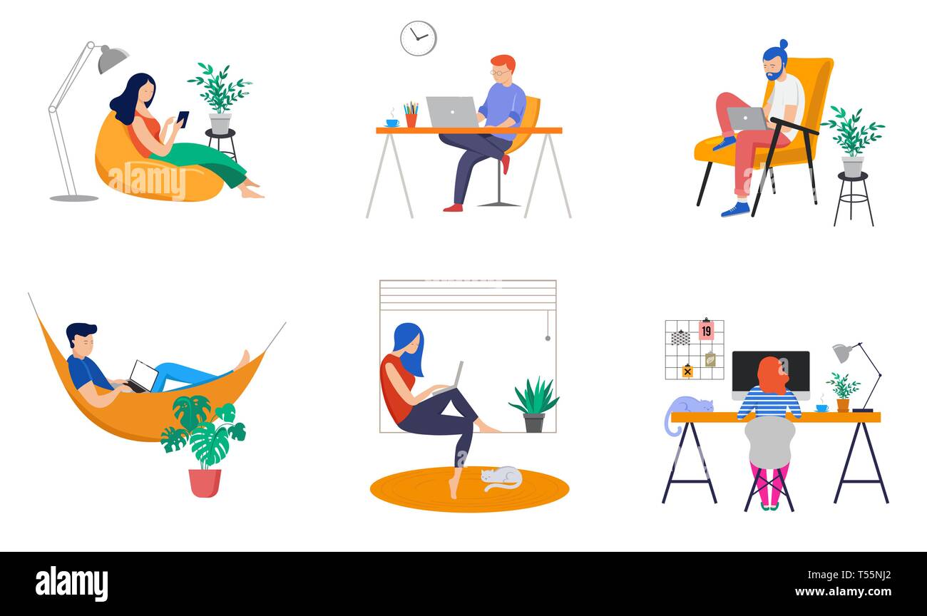 Working at home, coworking space, concept illustration. Young people, man and woman freelancers working at home. Vector flat style illustration Stock Vector