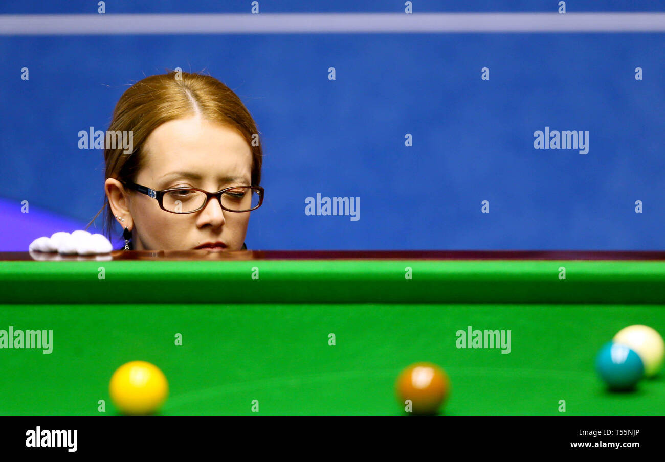 Snooker referee Desislava Bozhilova during day two of the 2019 Betfred World Championship at The Crucible, Sheffield. Stock Photo
