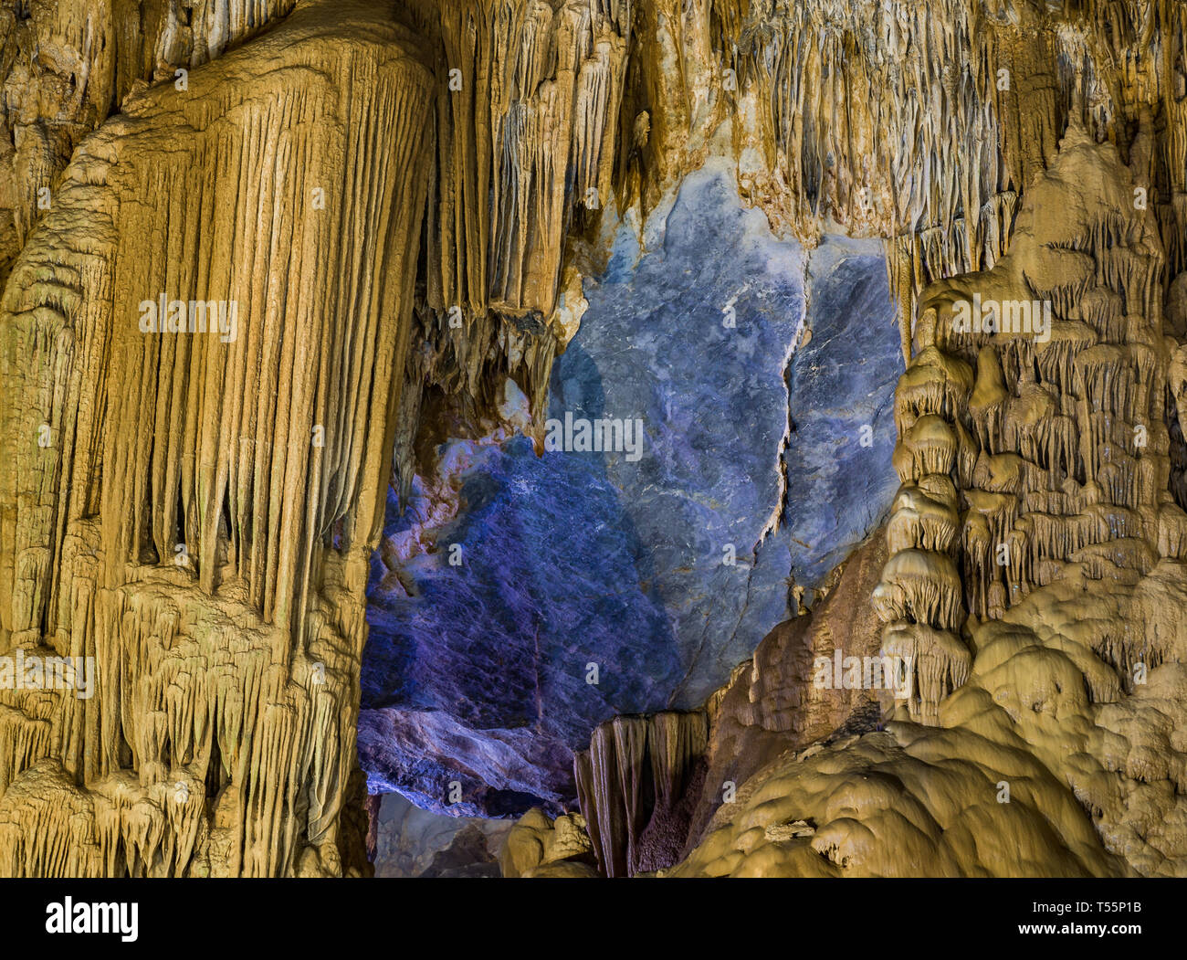 Walking trail through illuminated Paradise Cave, probably biggest dry cave in the world, in Phong Nha Ke Bang national park, Vietnam, Asia Stock Photo