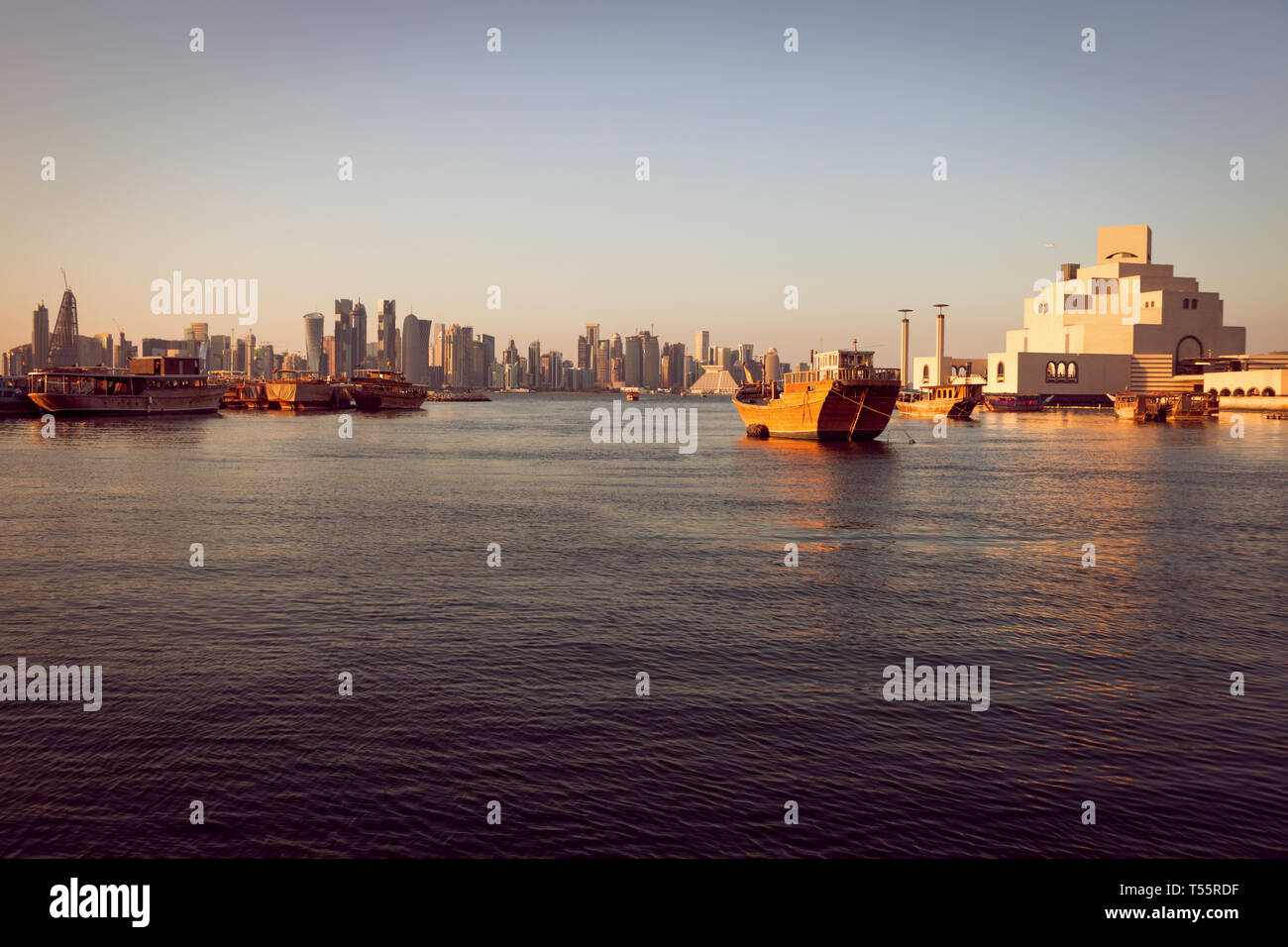 Port by skyline of Doha, Qatar Stock Photo
